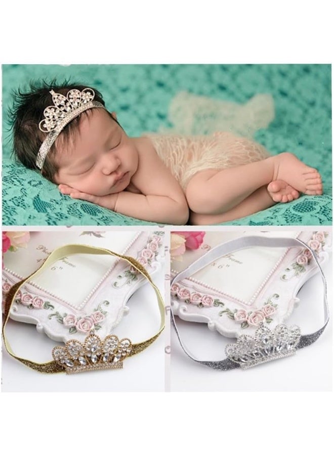 XICHEN Baby Girls Crown Headband Newborn Princess Head Band Headdress Elastic Hair Band (Crystal -2Pack) - Image 2