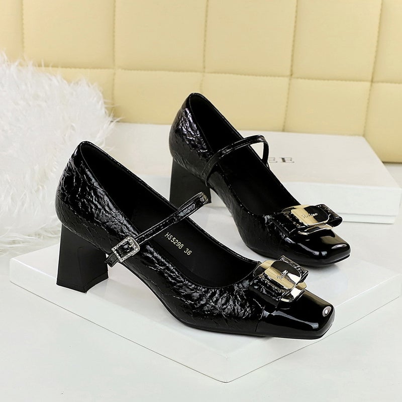 5298-K91 -Style Women'S Shoes All-Match Middle Heel Thick Heel Shallow Mouth Color Matching Metal Buckle Bow Single-Layer Shoes - Image 3