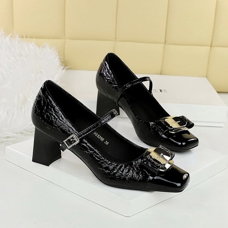 5298-K91 -Style Women'S Shoes All-Match Middle Heel Thick Heel Shallow Mouth Color Matching Metal Buckle Bow Single-Layer Shoes - Image 1
