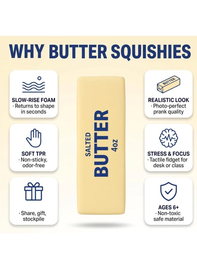 REZZOSS Realistic Stick of Butter Squishy Toy – 4oz (113g) Slow-Rise Salted Butter Stress Reliever | Soft TPR Squeeze Sensory Fidget Toy for Kids & Adults | Funny Prank Gag Gift & Decompression Office Desk Accessory | Perfect Birthday & Eid Gift - Image 3