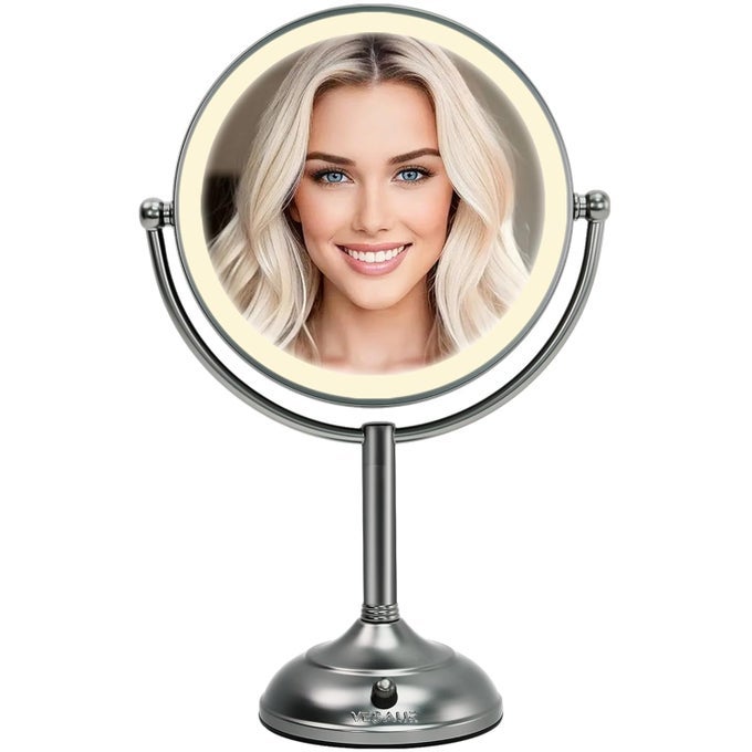 PROFESSIONAL 85 LIGHTED MAKEUP MIRROR 1X10X DOUBLE SIDED HD UNDISTORTED MAGNIFYING MIRROR WITH 3 COLOR 90 DIMMABLE LED LIGHTS 360 ROTATION VANITY MIRROR UNIQUE BLACK NICKEL WITH GIFT BOX