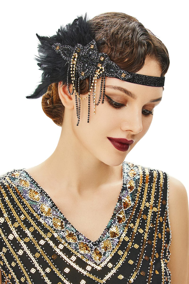 BABEYOND 1920s Flapper Headpiece 20s Gatsby Black Feather Headband Roaring 20s Hair Accessories with Crystal Beads Black Gold