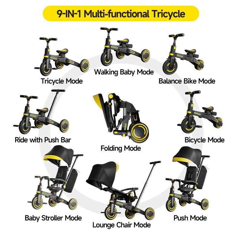 WinHope 9-in-1 Push Tricycle for Toddlers 1-3 Years, Convertible Kids Trike with Push Handle & Safety Belt, One-Client Foldable Design + Storage Basket, Birthday Gift and Toy for Boys and Girls(Black) - Image 3
