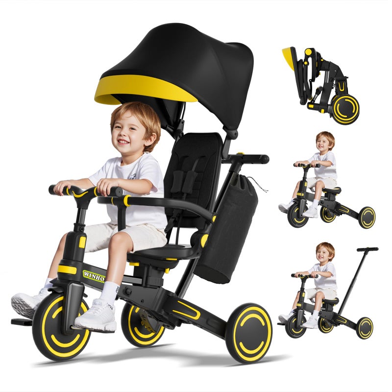 WinHope 9-in-1 Push Tricycle for Toddlers 1-3 Years, Convertible Kids Trike with Push Handle & Safety Belt, One-Client Foldable Design + Storage Basket, Birthday Gift and Toy for Boys and Girls(Black) - Image 1