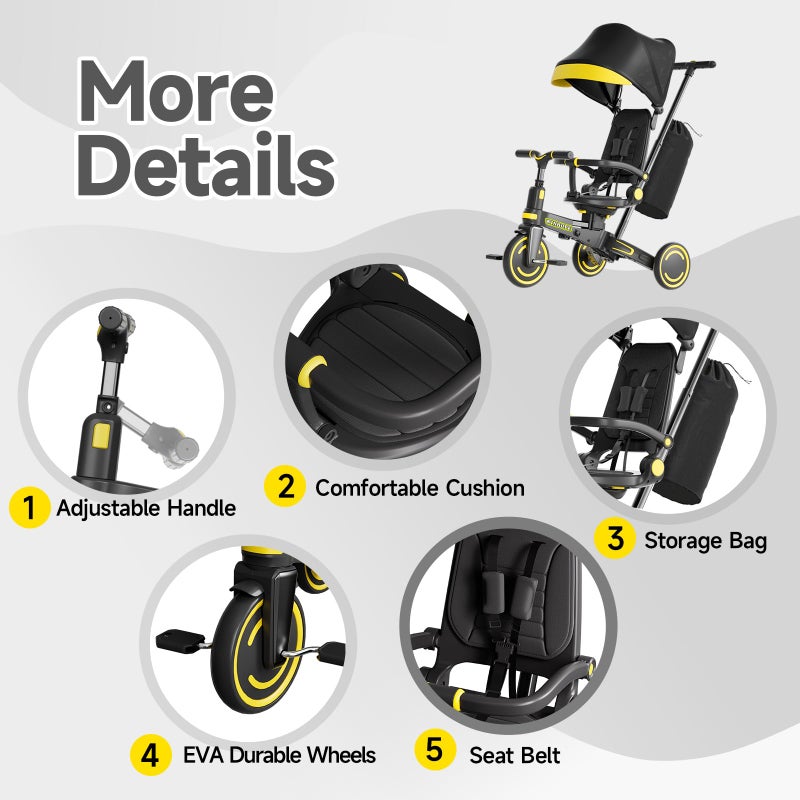 WinHope 9-in-1 Push Tricycle for Toddlers 1-3 Years, Convertible Kids Trike with Push Handle & Safety Belt, One-Client Foldable Design + Storage Basket, Birthday Gift and Toy for Boys and Girls(Black) - Image 5