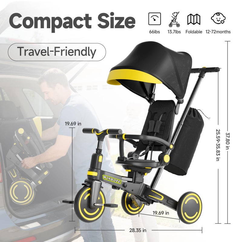 WinHope 9-in-1 Push Tricycle for Toddlers 1-3 Years, Convertible Kids Trike with Push Handle & Safety Belt, One-Client Foldable Design + Storage Basket, Birthday Gift and Toy for Boys and Girls(Black) - Image 2