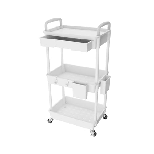 3 Tier Rolling Utility Cart with DrawerREBECAT Utility Cart Made of Multifunctional Storage Organizer Tool for KitchenBathroomLiving RoomOfficeWhite
