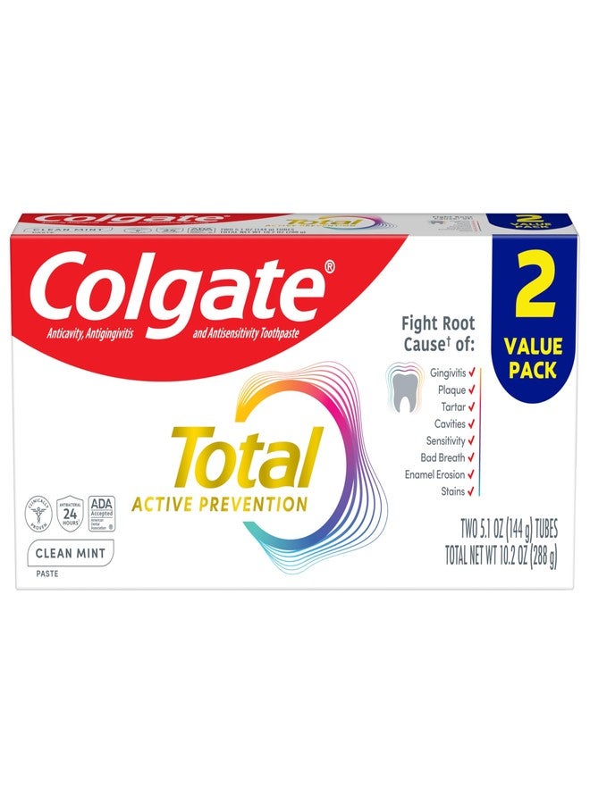 Colgate Total Active Prevention Clean Mint Toothpaste, Anticavity Toothpaste with Fluoride, Clinically Proven to Help Fight Plaque Bacteria, Helps Minimize Bad Breath, 2 Pack, 5.1 oz