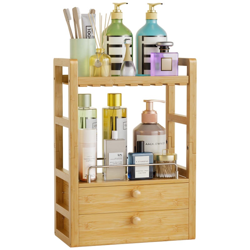 AmazerBath Bamboo Bathroom Countertop Organizer, 2-Tier Makeup Organizer with 2 Drawers, Vanity Organizer Storage Coffee Matcha Station, Compact Shelf for Bathroom Kitchen Office - Image 1
