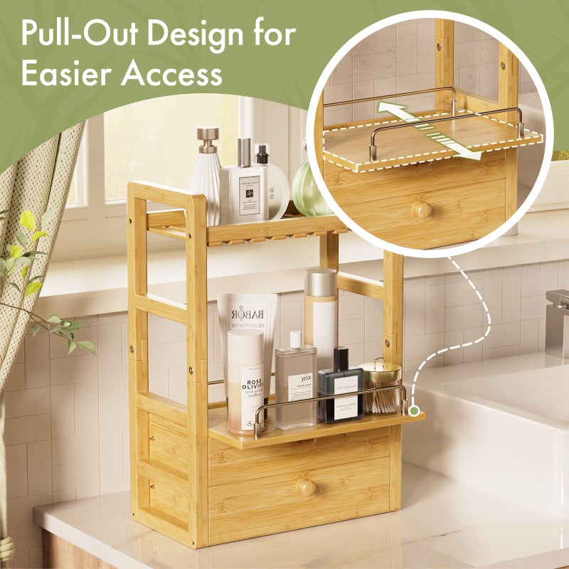 AmazerBath Bamboo Bathroom Countertop Organizer, 2-Tier Makeup Organizer with 2 Drawers, Vanity Organizer Storage Coffee Matcha Station, Compact Shelf for Bathroom Kitchen Office - Image 3