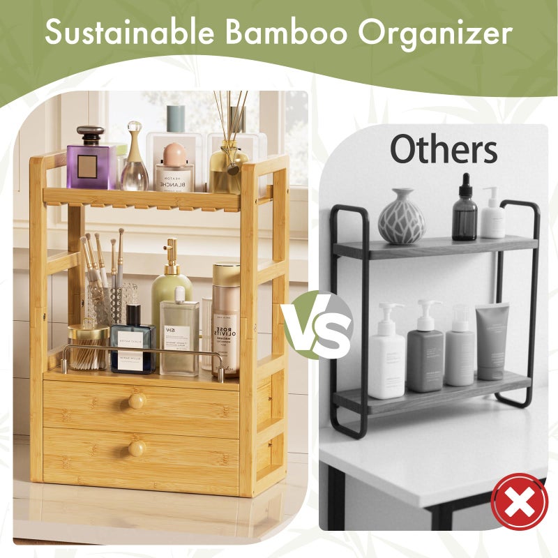 AmazerBath Bamboo Bathroom Countertop Organizer, 2-Tier Makeup Organizer with 2 Drawers, Vanity Organizer Storage Coffee Matcha Station, Compact Shelf for Bathroom Kitchen Office - Image 5
