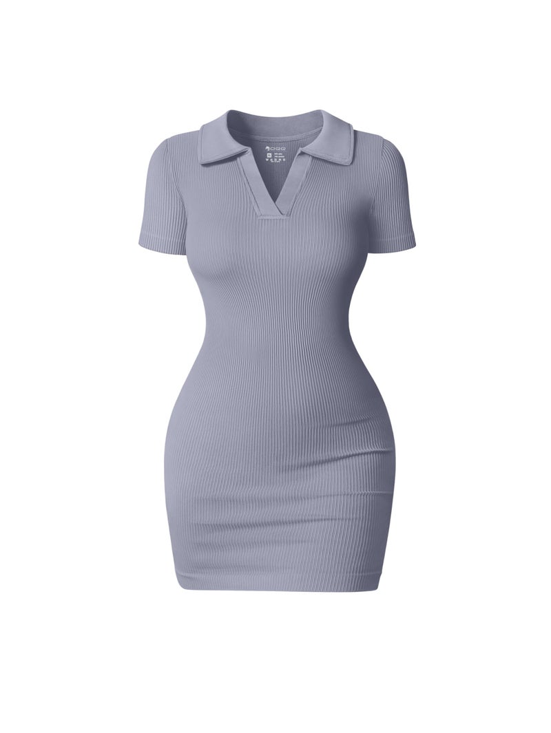 OQQ Women's Mini Dresses Sexy Ribbed Short Sleeve Tummy Control Bodycon Mini Dress Blues - Image 1