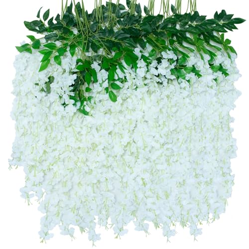 LUZOGA 12 Pack Artificial Wisteria Hanging Flowers Fake Wisteria Flower Silk Vines Rattan Decor for Home Wedding Arch Wall Garden Greenery Bedroom Outdoor Office Party Decoration (White) - Image 1