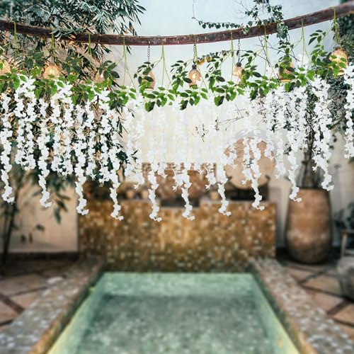 LUZOGA 12 Pack Artificial Wisteria Hanging Flowers Fake Wisteria Flower Silk Vines Rattan Decor for Home Wedding Arch Wall Garden Greenery Bedroom Outdoor Office Party Decoration (White) - Image 4