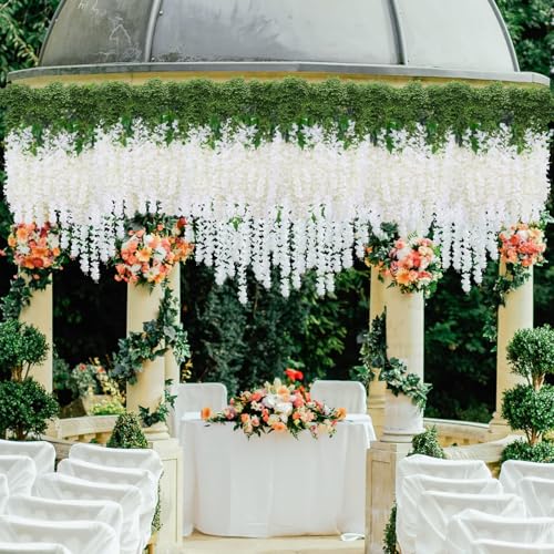 LUZOGA 12 Pack Artificial Wisteria Hanging Flowers Fake Wisteria Flower Silk Vines Rattan Decor for Home Wedding Arch Wall Garden Greenery Bedroom Outdoor Office Party Decoration (White) - Image 5