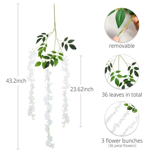 LUZOGA 12 Pack Artificial Wisteria Hanging Flowers Fake Wisteria Flower Silk Vines Rattan Decor for Home Wedding Arch Wall Garden Greenery Bedroom Outdoor Office Party Decoration (White) - Image 2