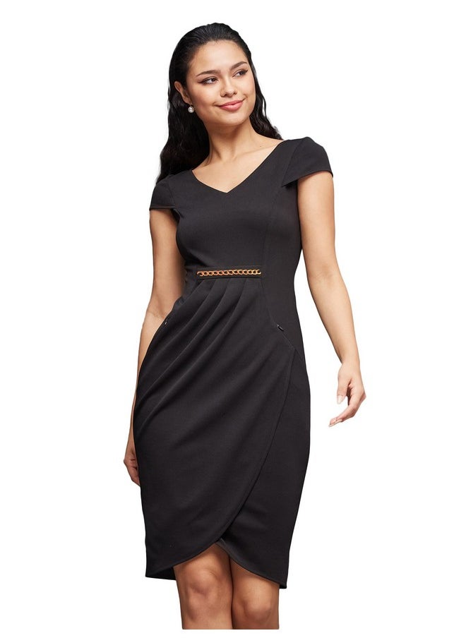 Miss Chase - Miss Chase Women's Solid V-Neck Cap Sleeves Polyester Side Pocketed Knee Long Dress (MCSS22D16-20-62-05, Black, L) - Image 1
