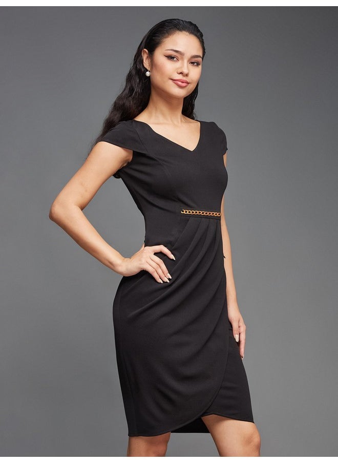 Miss Chase - Miss Chase Women's Solid V-Neck Cap Sleeves Polyester Side Pocketed Knee Long Dress (MCSS22D16-20-62-05, Black, L) - Image 1