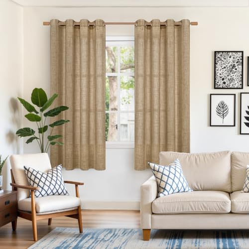 YoungsTex Burlap Linen Curtains 63 Inch Length 2 Panels for Bedroom, Toffee Tan Semi Sheer Drapes Textured with Bronze Grommet Light Filtering for Living Room Farmhouse, 52 X 63 Inch - Image 2