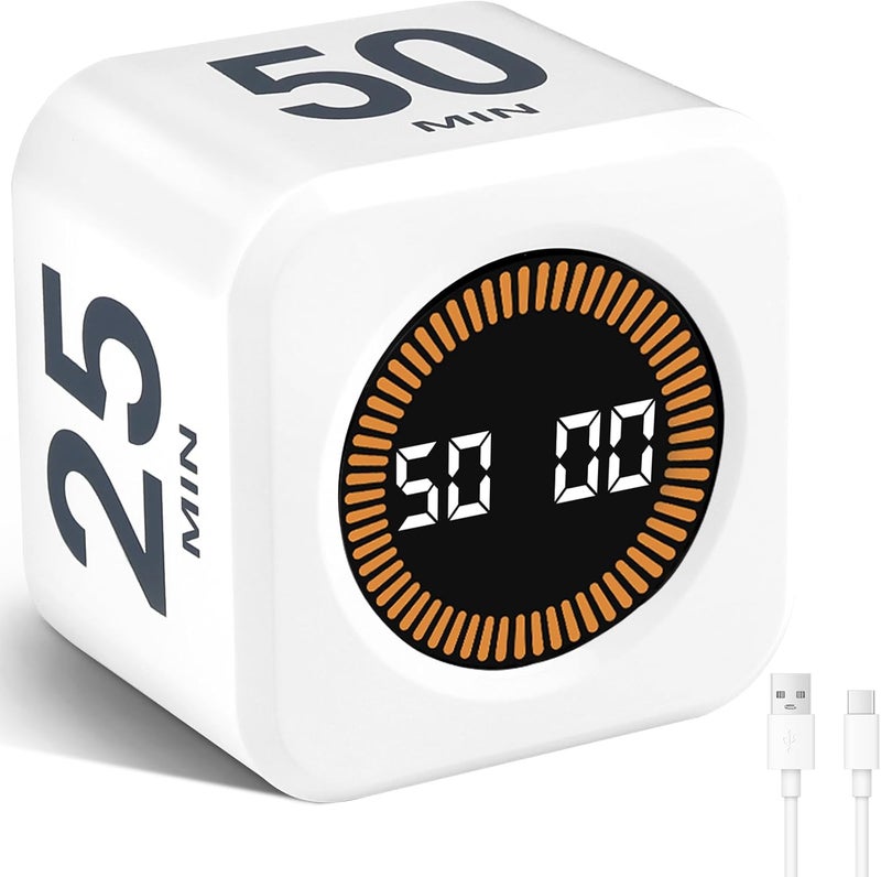 Cuteefun Cube Visual Timer, Rotation Pomodoro Timer, 5/10/25/50 Minutes & Custom Countdown, Customizable Time Storage, Mute & Ring Mode, USB C Rechargeable, for Kitchen, Meetings, Desk, Study, White - Image 1