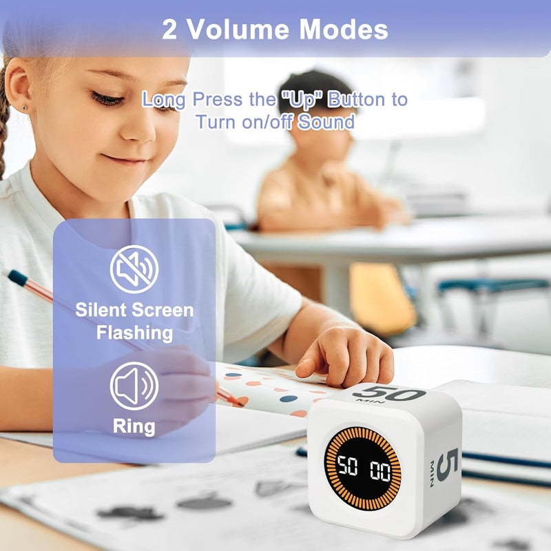 Cuteefun Cube Visual Timer, Rotation Pomodoro Timer, 5/10/25/50 Minutes & Custom Countdown, Customizable Time Storage, Mute & Ring Mode, USB C Rechargeable, for Kitchen, Meetings, Desk, Study, White - Image 5