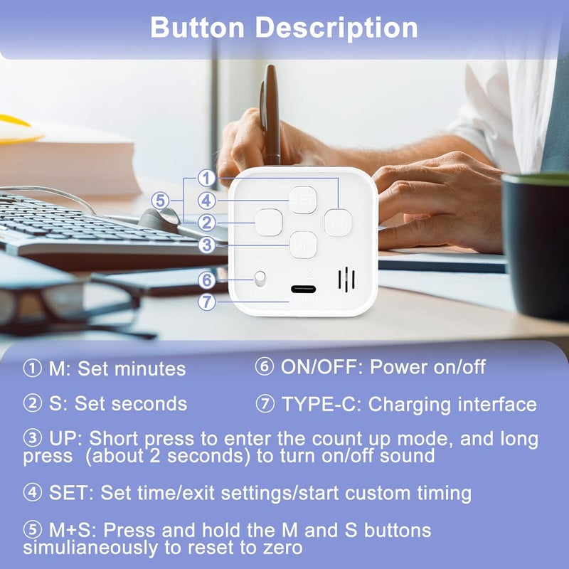 Cuteefun Cube Visual Timer, Rotation Pomodoro Timer, 5/10/25/50 Minutes & Custom Countdown, Customizable Time Storage, Mute & Ring Mode, USB C Rechargeable, for Kitchen, Meetings, Desk, Study, White - Image 4