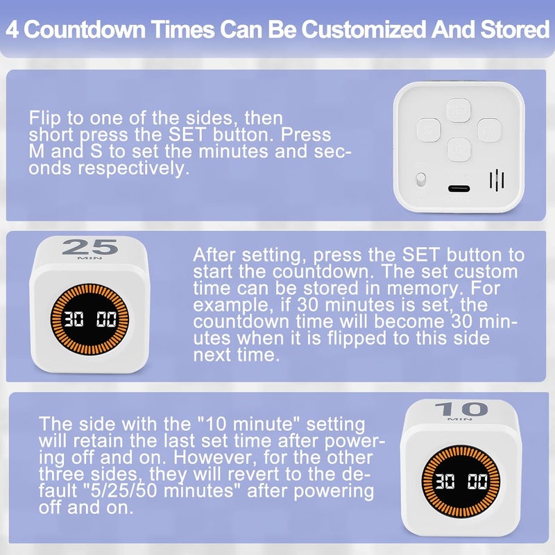 Cuteefun Cube Visual Timer, Rotation Pomodoro Timer, 5/10/25/50 Minutes & Custom Countdown, Customizable Time Storage, Mute & Ring Mode, USB C Rechargeable, for Kitchen, Meetings, Desk, Study, White - Image 3