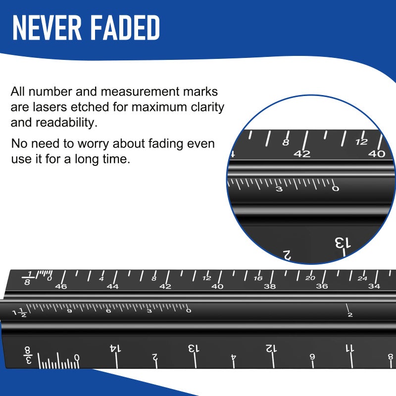 DAGONGREN Architectural Scale Ruler for Blueprint, 12'' Metric Metal Engineers Triangle Drafting Ruler with Imperial Measurements for Architects Engineering, Artists, Draftsman Drawing, Laser-Etched Markings - Image 4