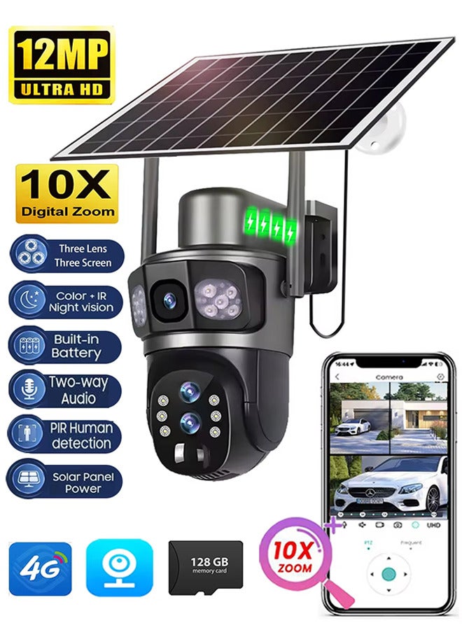 Generic Three Lens 10X Zoom 4G Sim Solar Camera Outdoor 6K 12MP Security Surveillance Camera 360 Human Auto Tracking Solar CCTV V380 Pro, (With 128GB SD Card)  - Image 1