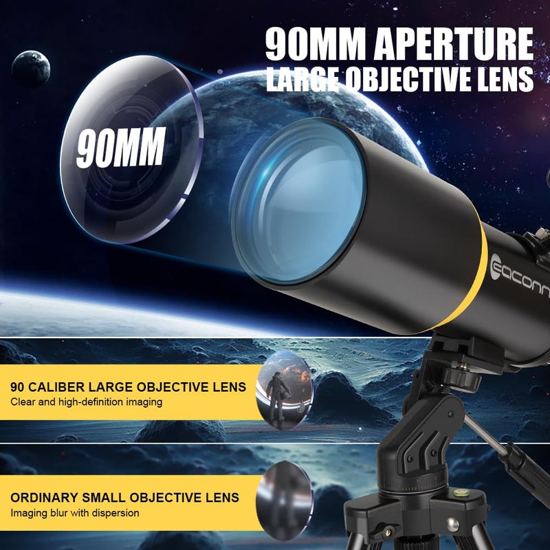 EACONN Telescope for Adults, 90mm Aperture, 600mm Refractor Telescope for Kids and Beginners, Telescopes for Adults, Astronomy with Handbag and Phone Adapter - Image 2