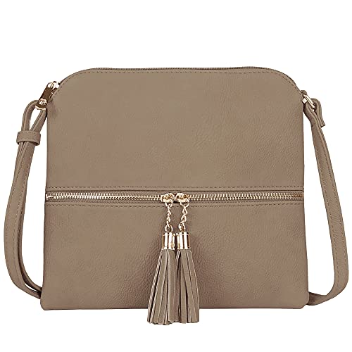 SG SUGU Lightweight Medium Crossbody Bag Shoulder Bag with Tassel and Zipper Pocket (Taupe) - Image 1