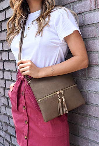 SG SUGU Lightweight Medium Crossbody Bag Shoulder Bag with Tassel and Zipper Pocket (Taupe) - Image 5