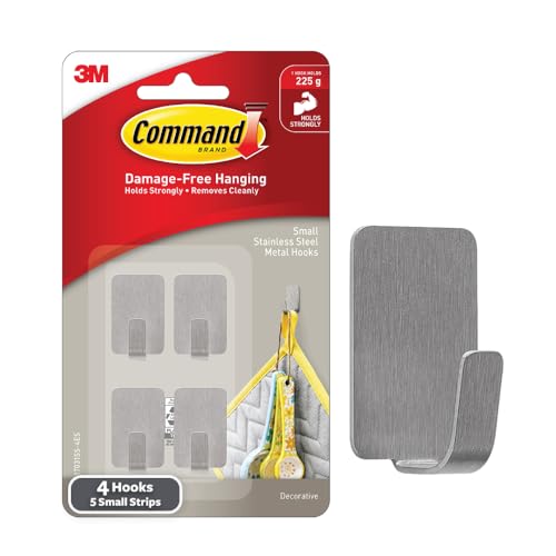 Command 3M Small Stainless Steel Premium Metal Hooks, Holds 225 gm, No Paint Damage, Holds Strongly, Adhesive Hooks for wall, Multi-Surface (Steel, 4 Hooks, 5 Strips) - Image 1