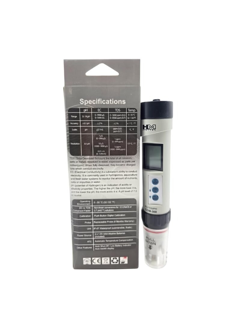 Hm Digital Com-300 Waterproof Professional Combo Meter – 4-in-1 TDS, EC, pH, Temperature Meter | USA Design | Auto Calibration | Measures µS, mS, PPM (0.5 & 0.7), Non-Linear EC-TDS Conversion  - Image 1
