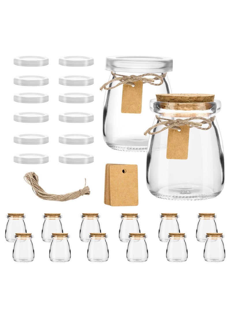 SKYLINE 12Pack 4oz Small Glass Jars with Cork & PE Lids – Yogurt Containers, Pudding, Jam, Candy, Cake Jars, Empty with Tags & Twine for DIY & Gifts  - Image 1