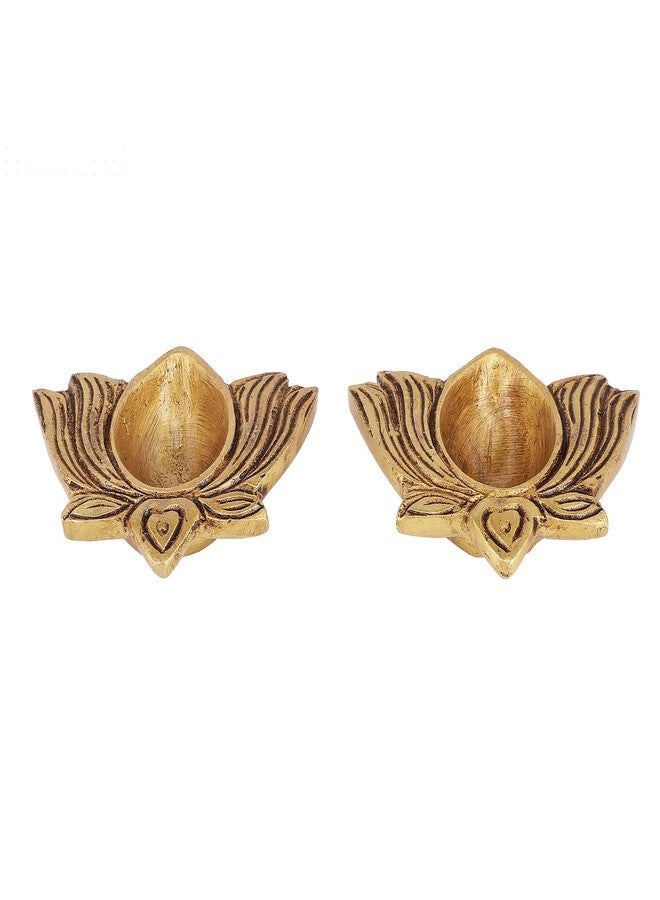 D Brasso Brass Lotus Shaped Decorative Diya Set of 2 (2.5 Inches) | Traditional Brass Oil Lamp for Pooja Room & Home Décor | Housewarming Gift Item – Golden Antique Finish (240 Grams) - Image 1