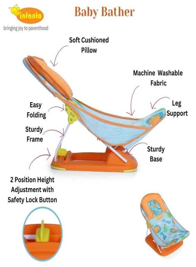 Infanto Baby Bather – Adjustable, Non-Slip & Foldable Bath Seat Chair for Newborns (0-12 Months) (Orange) - Image 3