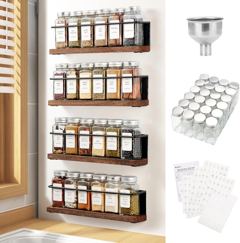 KitHero Magnetic Spice Rack with 24 Jars 216 Labels 1 Steel Funnel for RefrigeratorMicrowave Oven Full Set of Spice Organizer