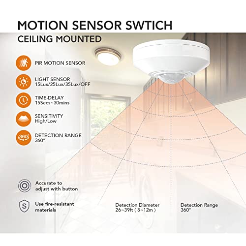 RAYZEEK Ceiling Mount 360 degree PIR Occupancy Motion Sensor,2200W,110-265V,8-12M High Sensitive HardWired Occupancy Sensor Detector, Commercial/Residential,Up to 1600 sq.ft(10A,Neutral Wire Required) - Image 3