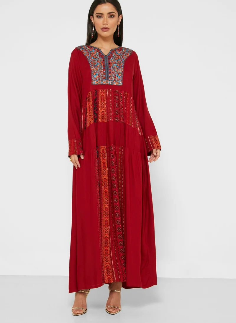 Amri Patchwork Detail Printed Jalabiya