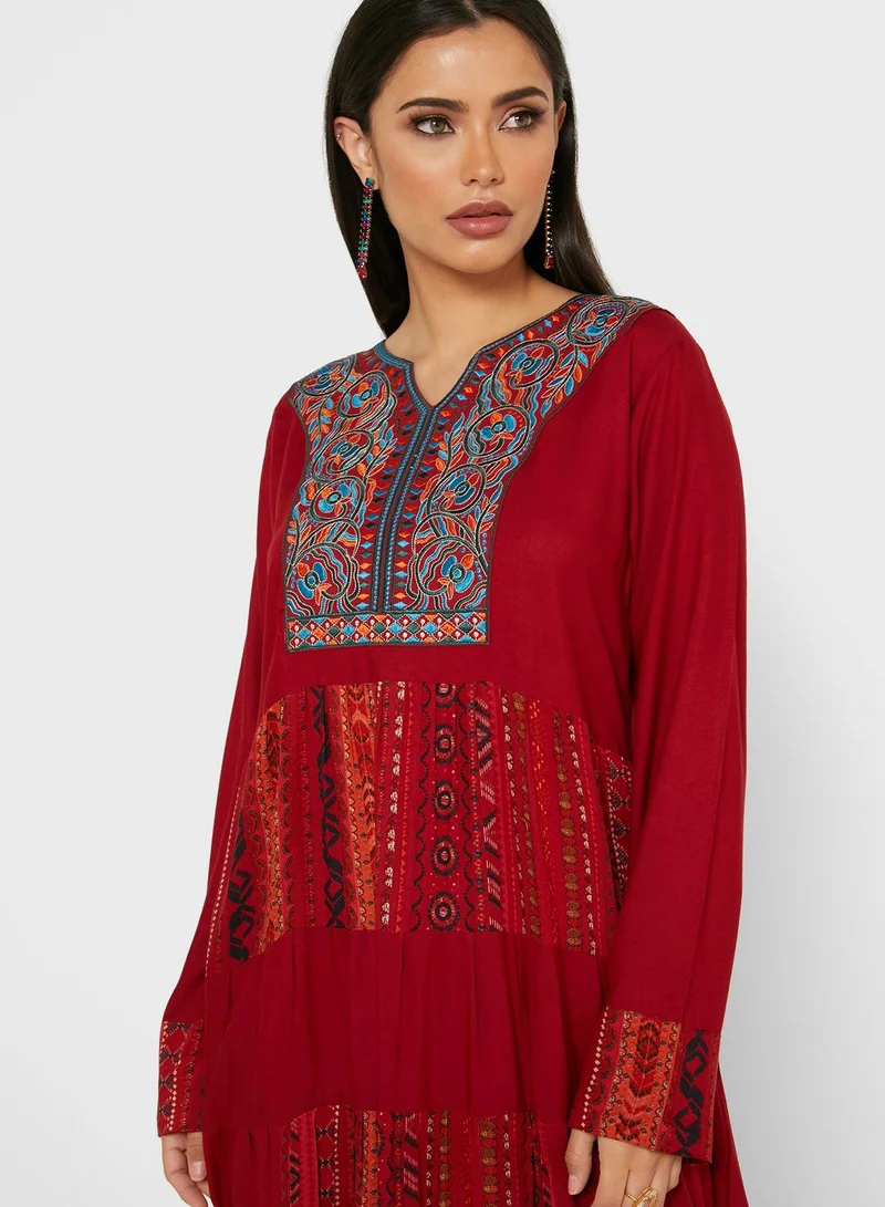 Amri Patchwork Detail Printed Jalabiya