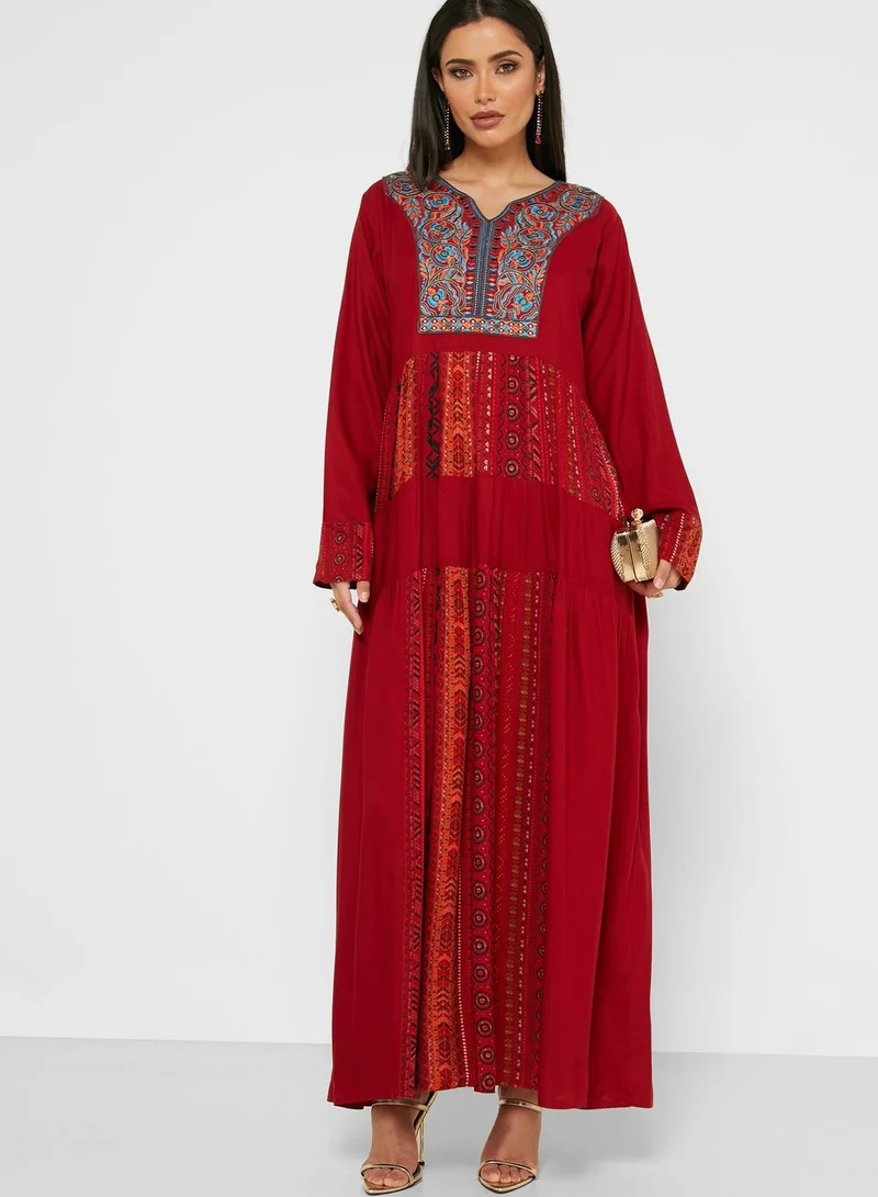 Amri Patchwork Detail Printed Jalabiya