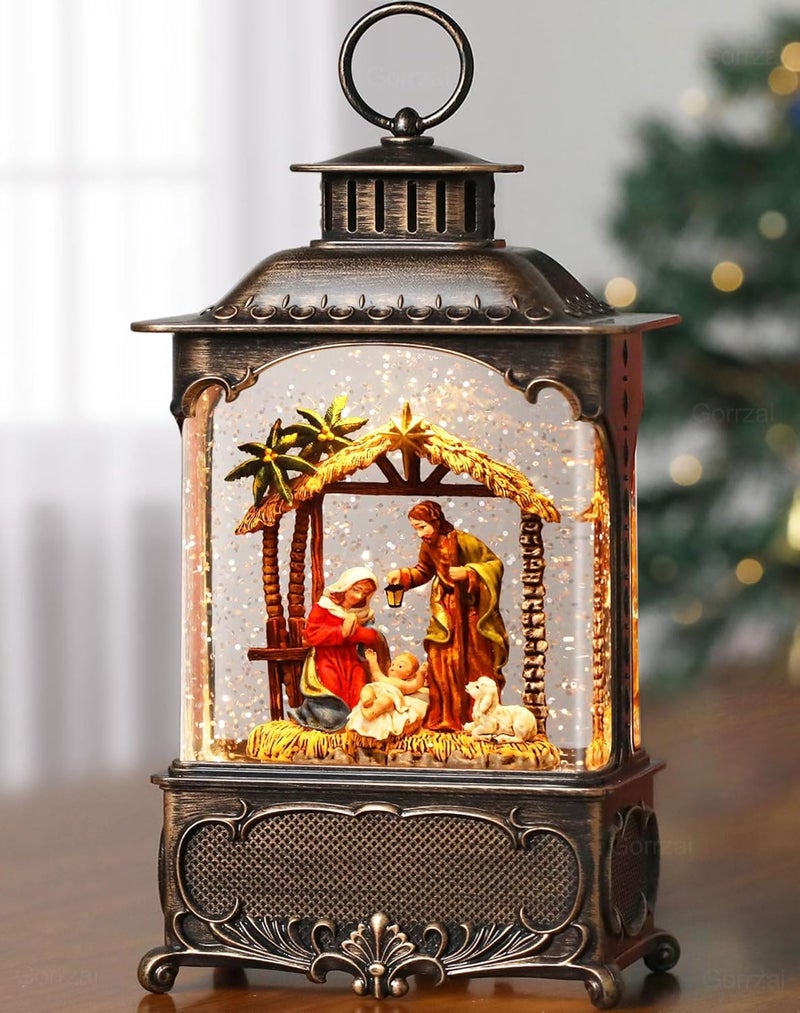Gorrzai Christmas Snow Globes Nativity Snow Globe Lantern, Lighted Christmas Decorations Indoor with Music Timer Swirling Glitter, Light Up Jesus Musical Home Decor Gift, USB or Battery Operated - Image 1