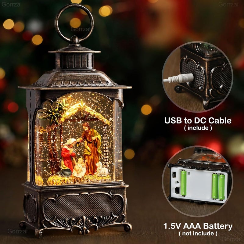 Gorrzai Christmas Snow Globes Nativity Snow Globe Lantern, Lighted Christmas Decorations Indoor with Music Timer Swirling Glitter, Light Up Jesus Musical Home Decor Gift, USB or Battery Operated - Image 3