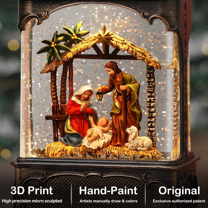 Gorrzai Christmas Snow Globes Nativity Snow Globe Lantern, Lighted Christmas Decorations Indoor with Music Timer Swirling Glitter, Light Up Jesus Musical Home Decor Gift, USB or Battery Operated - Image 2