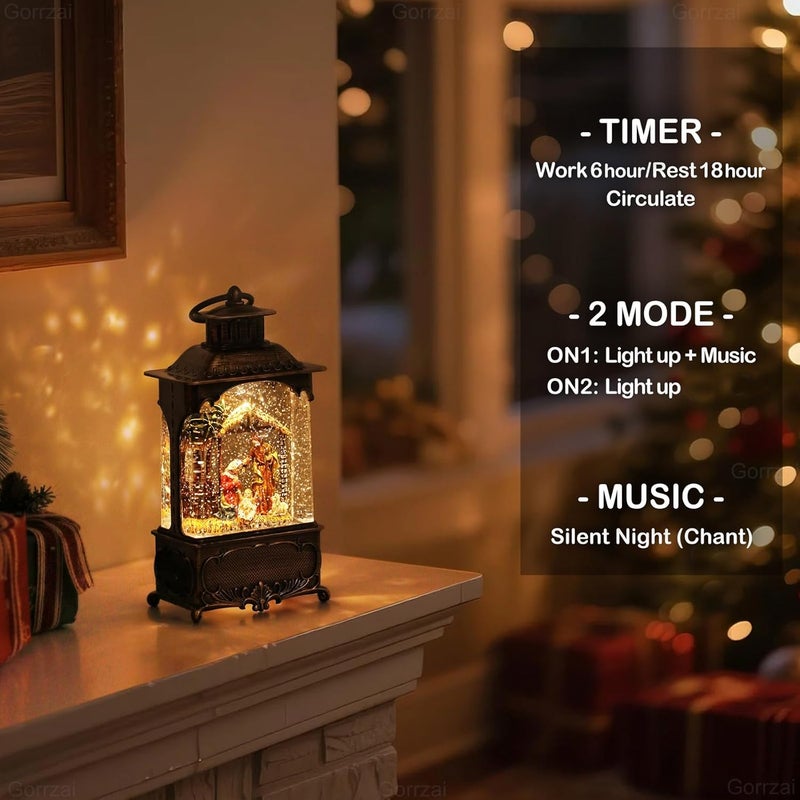 Gorrzai Christmas Snow Globes Nativity Snow Globe Lantern, Lighted Christmas Decorations Indoor with Music Timer Swirling Glitter, Light Up Jesus Musical Home Decor Gift, USB or Battery Operated - Image 4