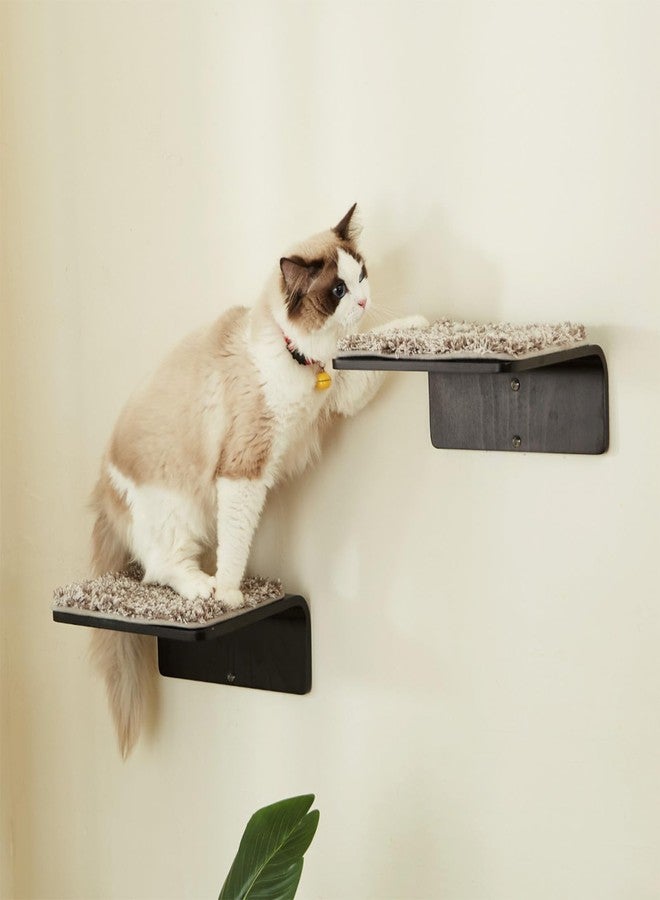 LIORCE 2 Set Cat Wall Steps - Wooden Cat Climbing Shelf for Wall - Cats Wall Stairs with Scratching Mat - Wall Mounted Cats Furniture for Jumping, Playing, and Lounging, Walnut - Image 1