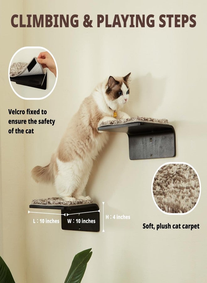 LIORCE 2 Set Cat Wall Steps - Wooden Cat Climbing Shelf for Wall - Cats Wall Stairs with Scratching Mat - Wall Mounted Cats Furniture for Jumping, Playing, and Lounging, Walnut - Image 3