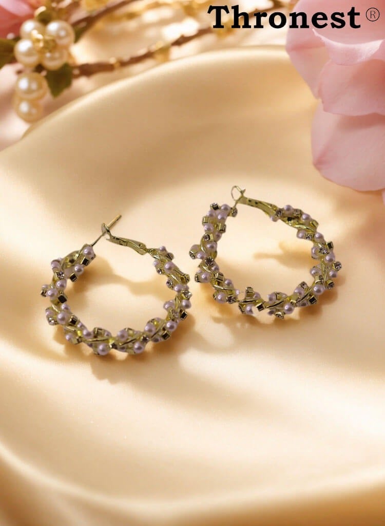 Thronest Elegant 18K Gold Pearl Hoop Earrings，Pearl Ear Studs，Gold pearl ring design，Suitable for daily life, attending parties, weddings  - Image 4