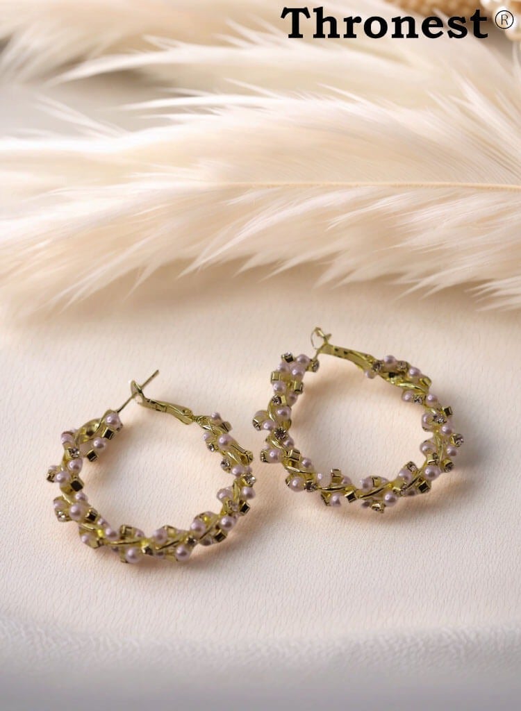 Thronest Elegant 18K Gold Pearl Hoop Earrings，Pearl Ear Studs，Gold pearl ring design，Suitable for daily life, attending parties, weddings  - Image 5